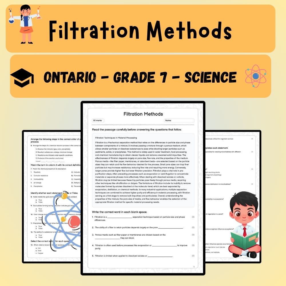Grade 7 Science worksheet worksheet — Grade 7 Science | Filtration Methods Worksheet (PDF ) – Ontario Standards — page 1