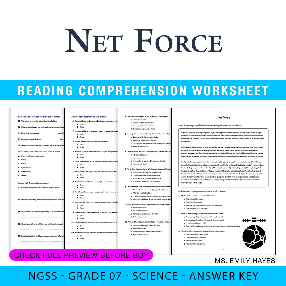 Grade 7 Science worksheet worksheet — 7th Grade Science | Net Force Worksheet (PDF+ Answer Key) — page 1