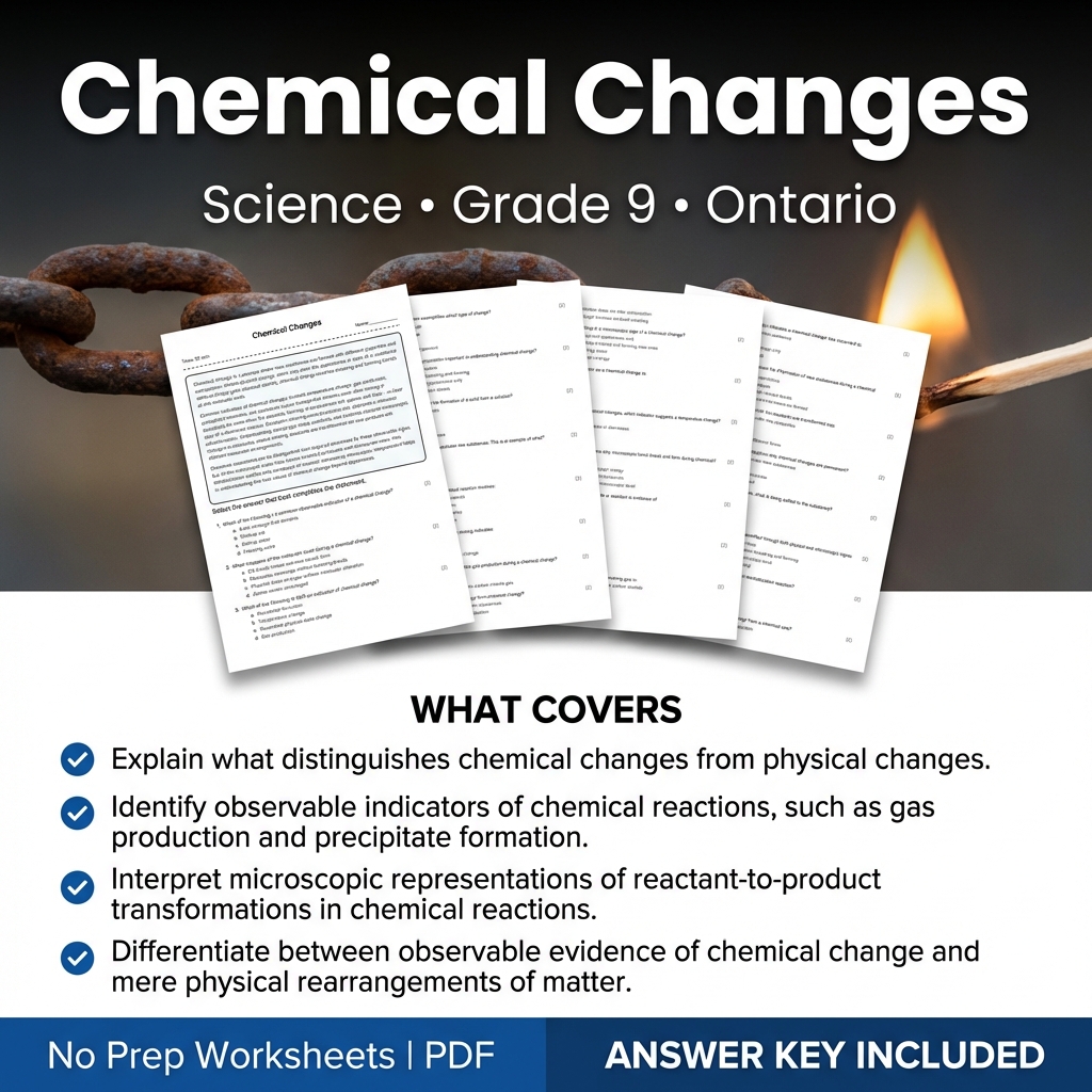Chemical Changes Worksheet for Grade 9 Science | Ontario Standards