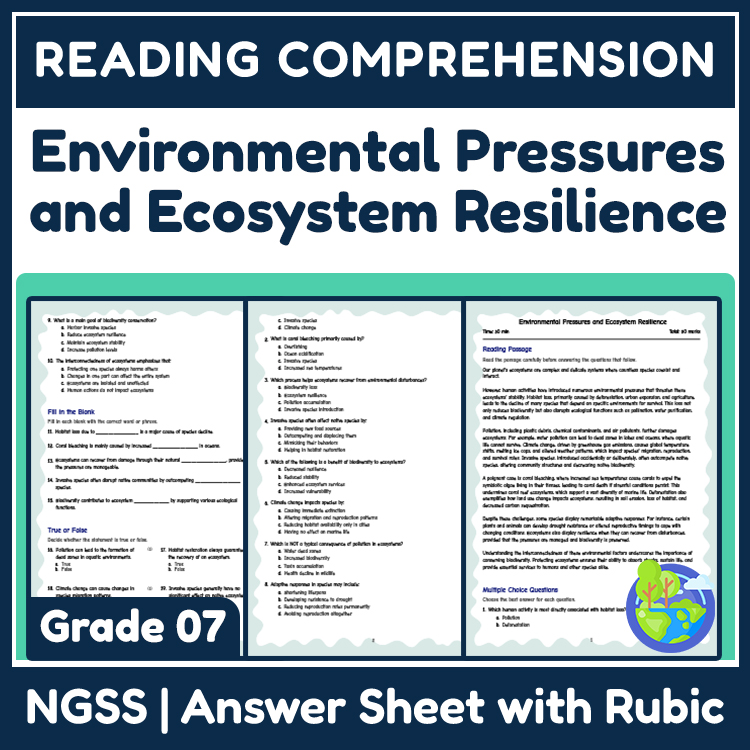 Science reading worksheets worksheet — Grade 7 Science Reading Worksheets – Ecosystems & Biodiversity (PDF) — page 1
