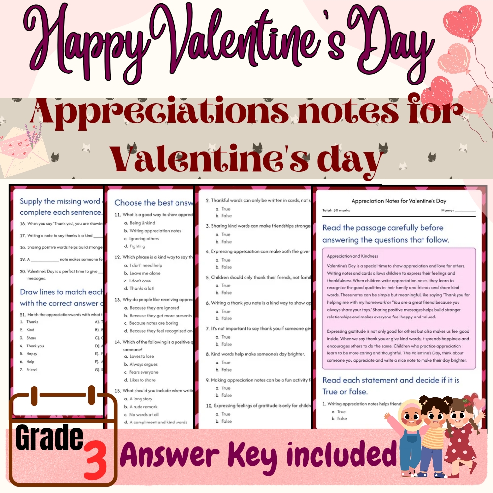Grade 3 Seasonal Valentine’s Day Worksheets Bundle (PDF + Answer Key) — included worksheet 2