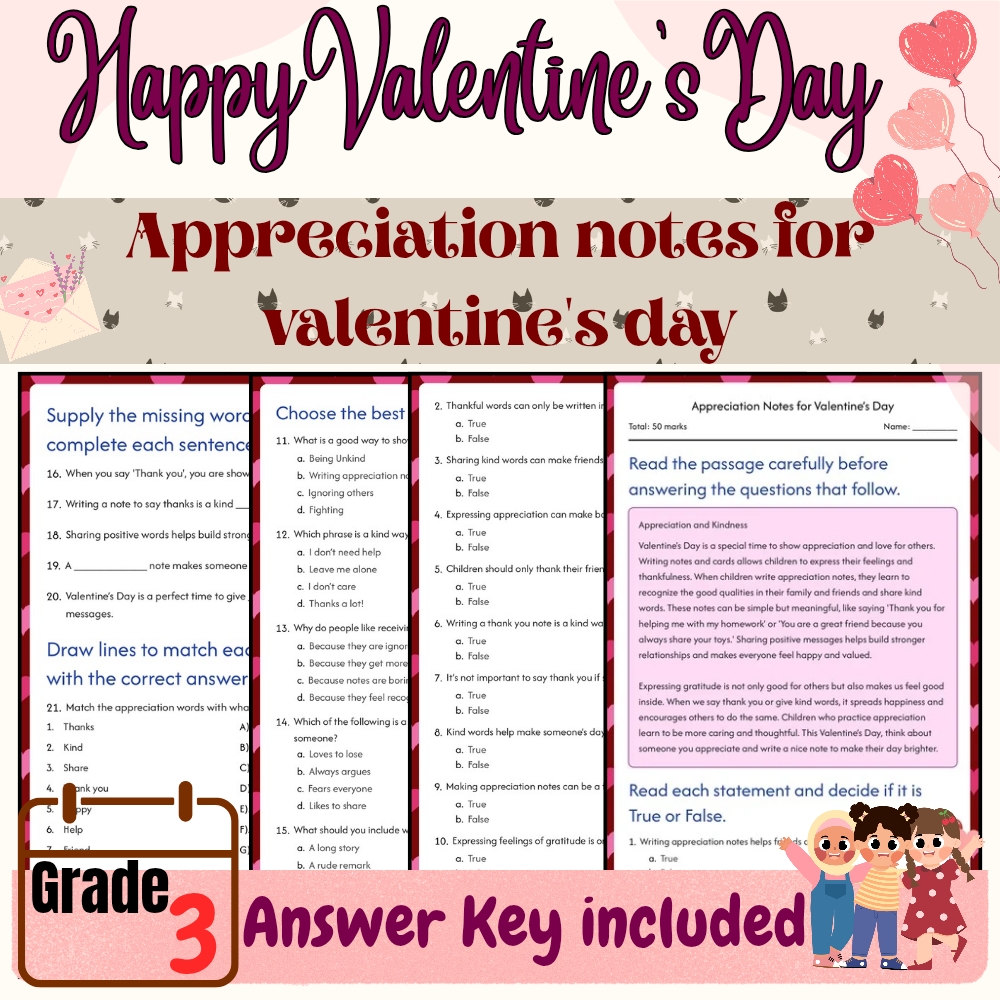 Grade 3 Seasonal valentine day worksheet — Grade 3 Valentine’s Day Worksheets |Appreciation Notes Practice PDF + Answer Key