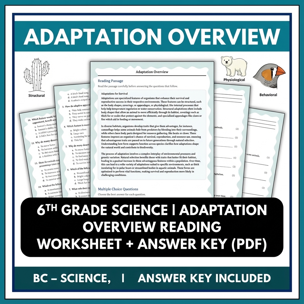 6th Grade Science | Adaptation Overview Reading Worksheet + Answer Key (PDF)