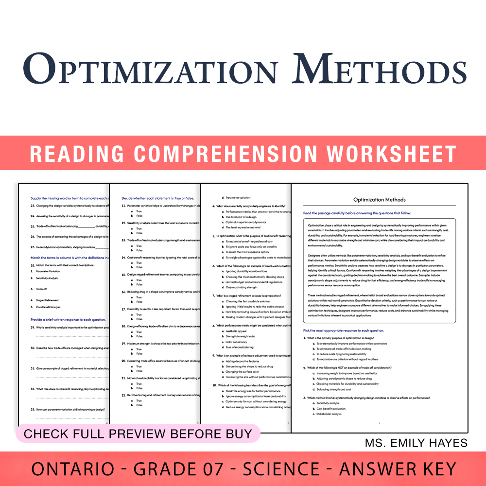 Grade 7 Science worksheet worksheet — 7th Grade Science | Optimization Methods Worksheet (PDF+ Answer Key) — page 1