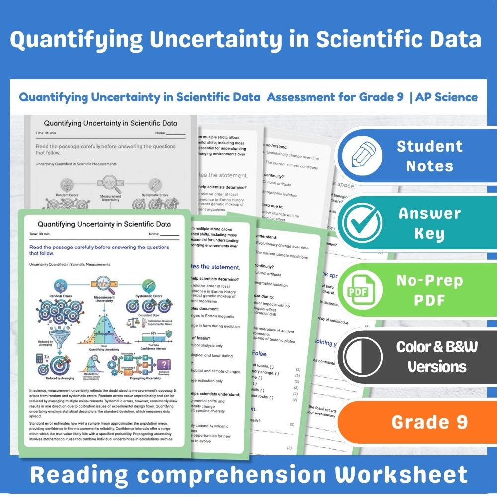Grade 9 Science assessment worksheet — Quantifying Uncertainty in Scientific Data Assessment | Standard Aligned Grade 9 Sc…