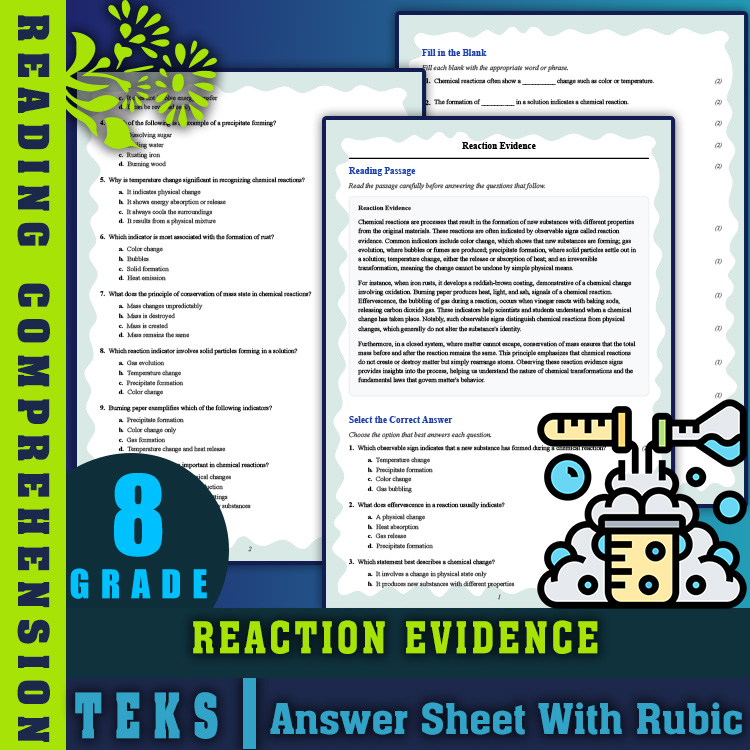 Grade 8 Science reading worksheets worksheet — 8th Grade Science | Reaction Evidence Reading Worksheet (PDF + Rubric) — pa…