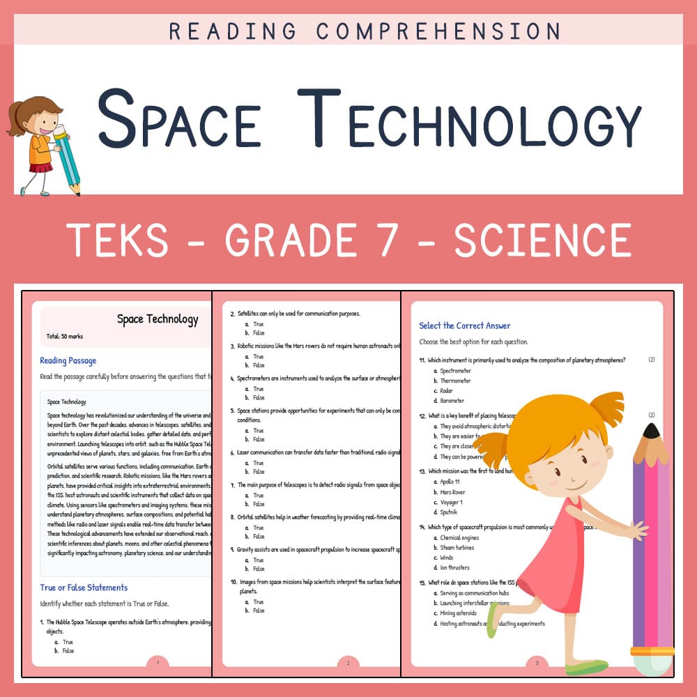 Grade 7 Science worksheet elena worksheet — Grade 7 Science | Space Technology Worksheet | TEKS-Aligned — page 1