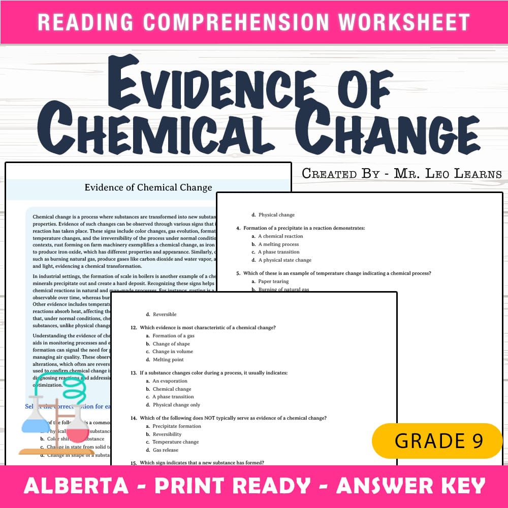 Grade 9 Science worksheet mcq paper worksheet — Grade 9 Science — Evidence of Chemical Change Worksheet MCQ Paper — page 1