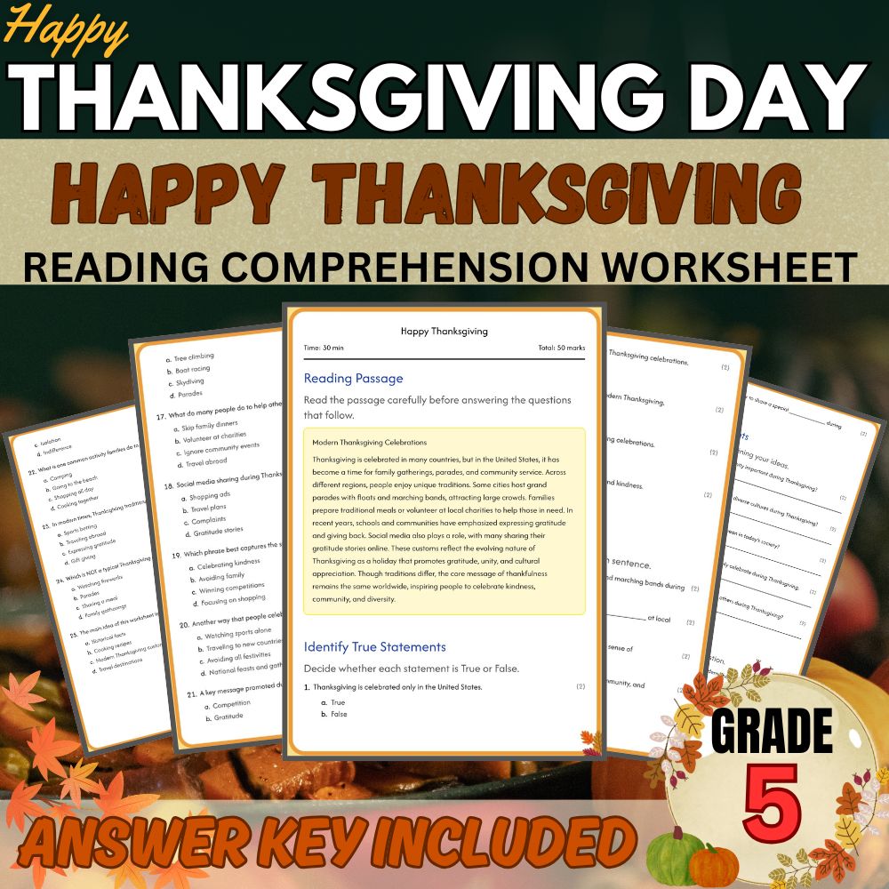 Grade 5 Seasonal Worksheets Bundle| Thanksgiving & Harvest Traditions Activities — included worksheet 1