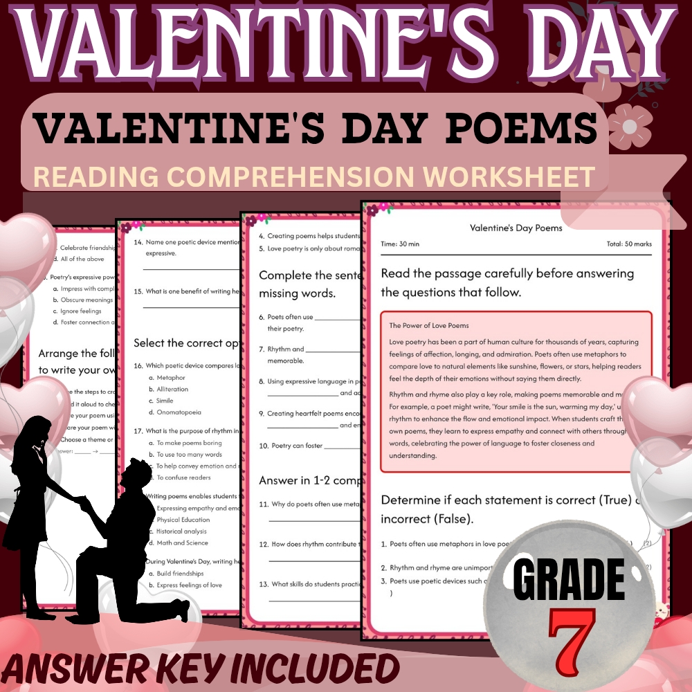 Grade 7 Holiday Valentine Day Worksheet for Mastering Love Poems|PDF+Answer Key