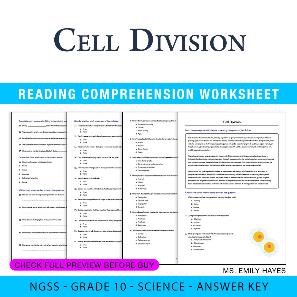 Grade 10 Science — worksheet — Grade 10 Science | Cell Division Worksheet (PDF+ Answer Key) — page 1