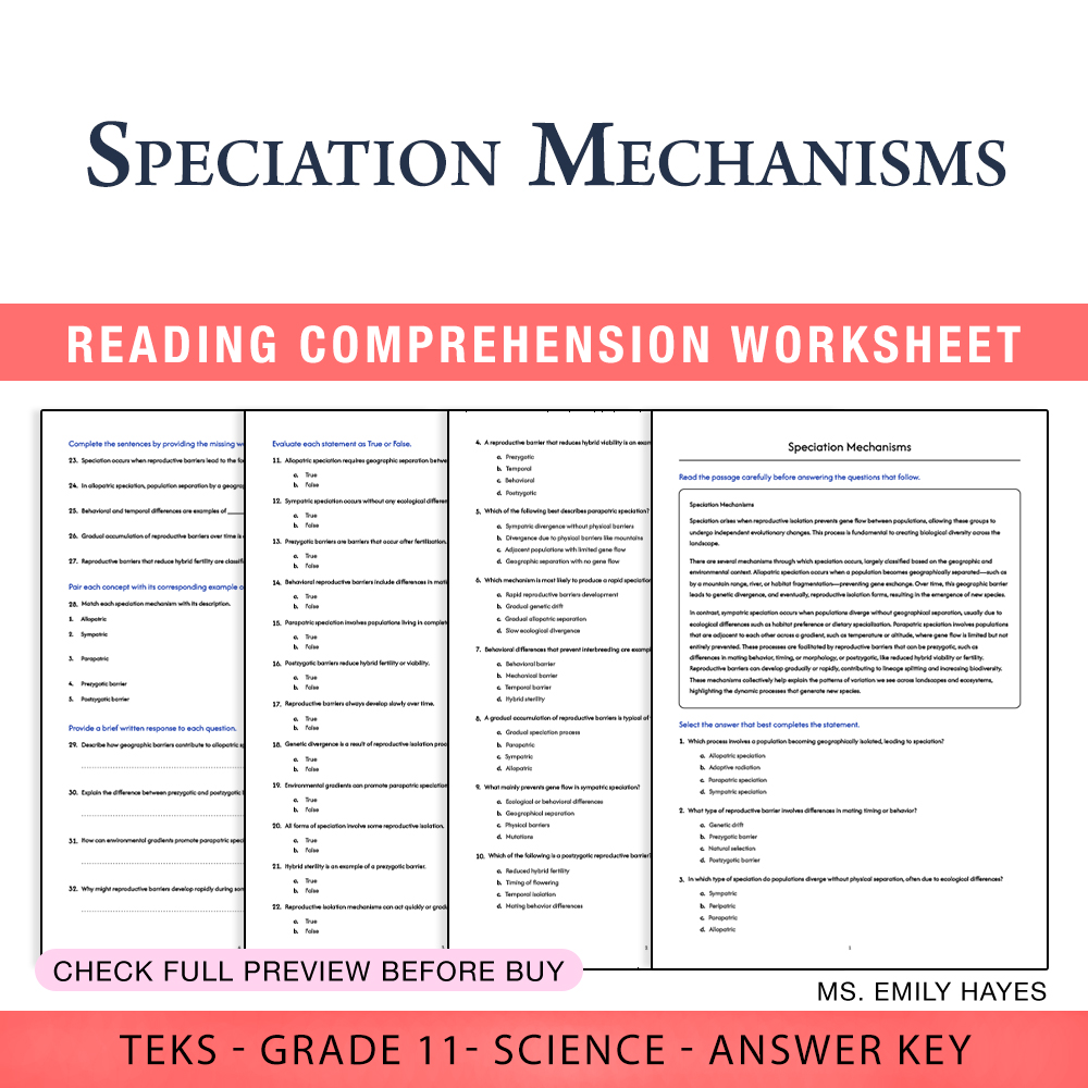 Grade 11 Science worksheet worksheet — Grade 11 Science | Speciation Mechanisms Worksheet (PDF+ Answer Key) — page 1