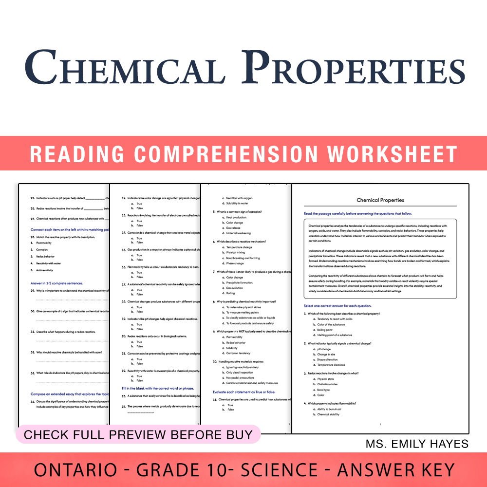 Grade 10 Science worksheet worksheet — Grade 10 Science | Chemical Properties Worksheet (PDF + Answer Key) — page 1