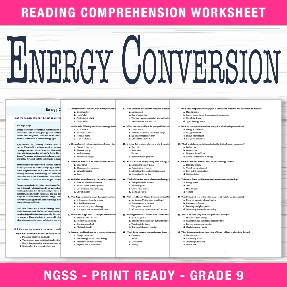 Grade 9 Science worksheet worksheet — Grade 9 Science | Energy Conversion Worksheet (PDF + Answer Key) — page 1