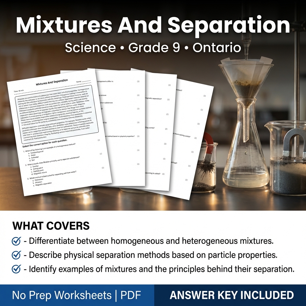 Grade 9 Science Worksheet on Mixtures and Separation – Ontario