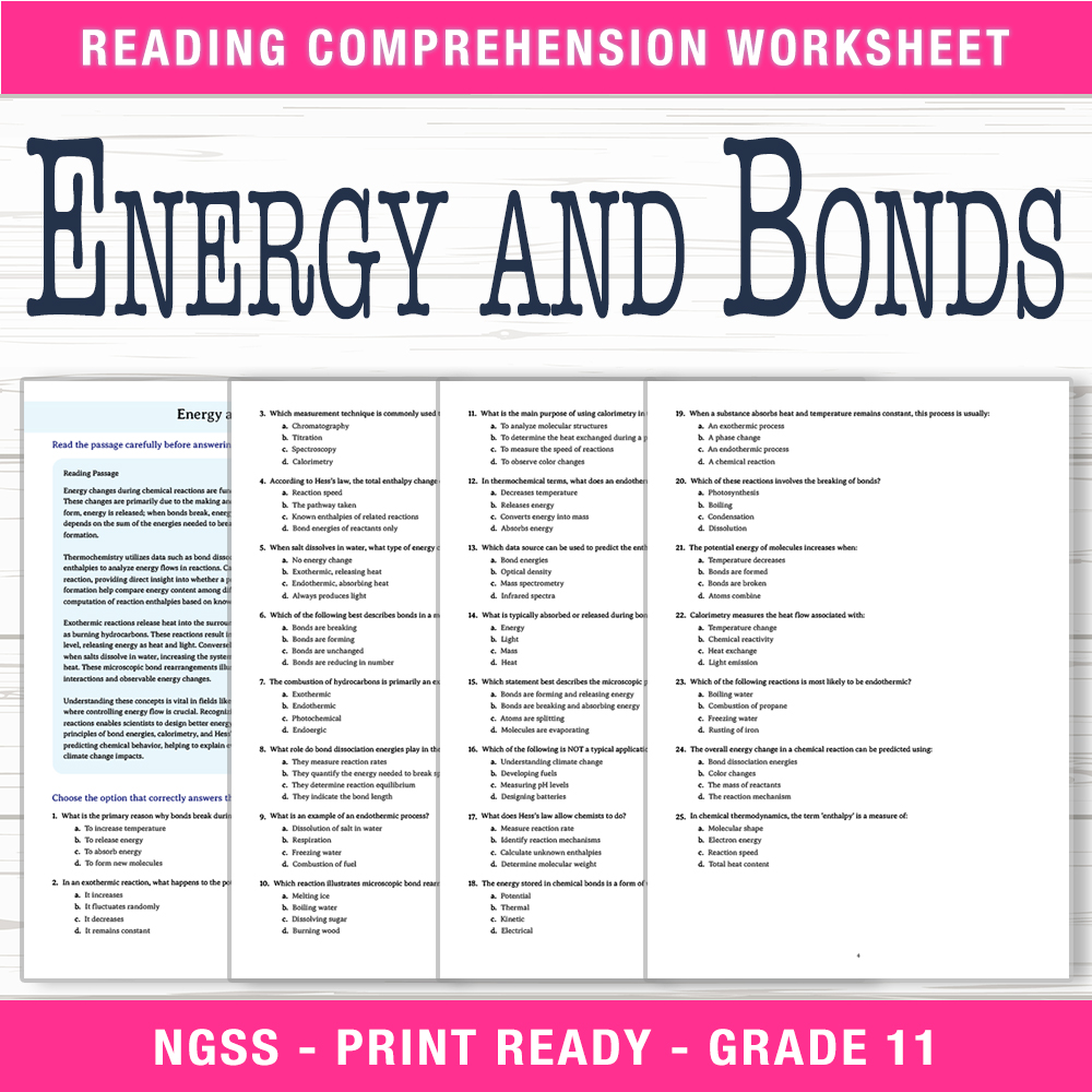 Grade 11 Science worksheet worksheet — Grade 11 Science | Energy & Bonds Worksheet (PDF + Answer Key) — page 1