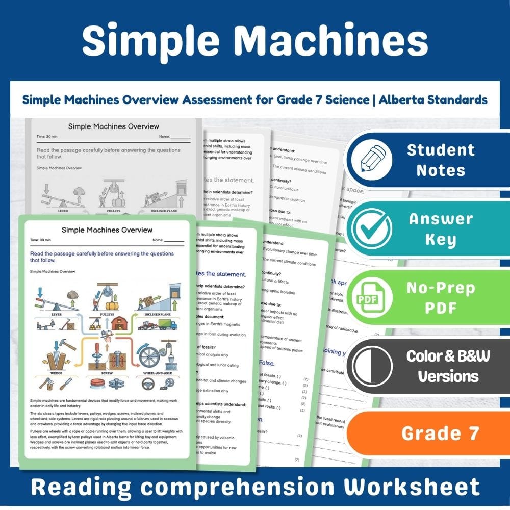 Grade 7 Science assessment worksheet — Simple Machines Overview Assessment for Grade 7 Science | Alberta Standards — page 1