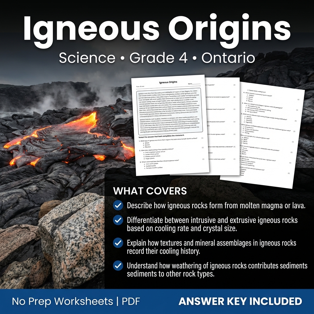 Igneous Origins Science Worksheet | Grade 4 Ontario Standards Practice
