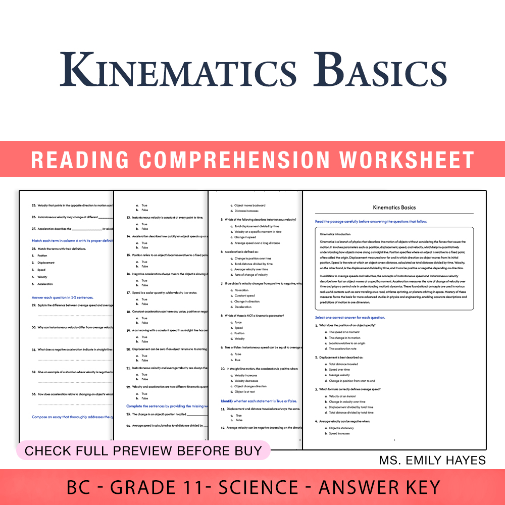 Grade 11 Science worksheet worksheet — 11th Grade Science | Kinematics Basics Worksheet (PDF + Answer Key) — page 1
