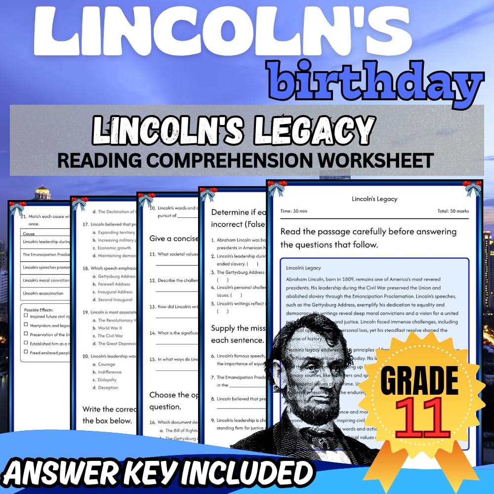 Grade 11 Lincoln's Birthday Worksheet for Mastering U.S. History|PDF+ Answer Key