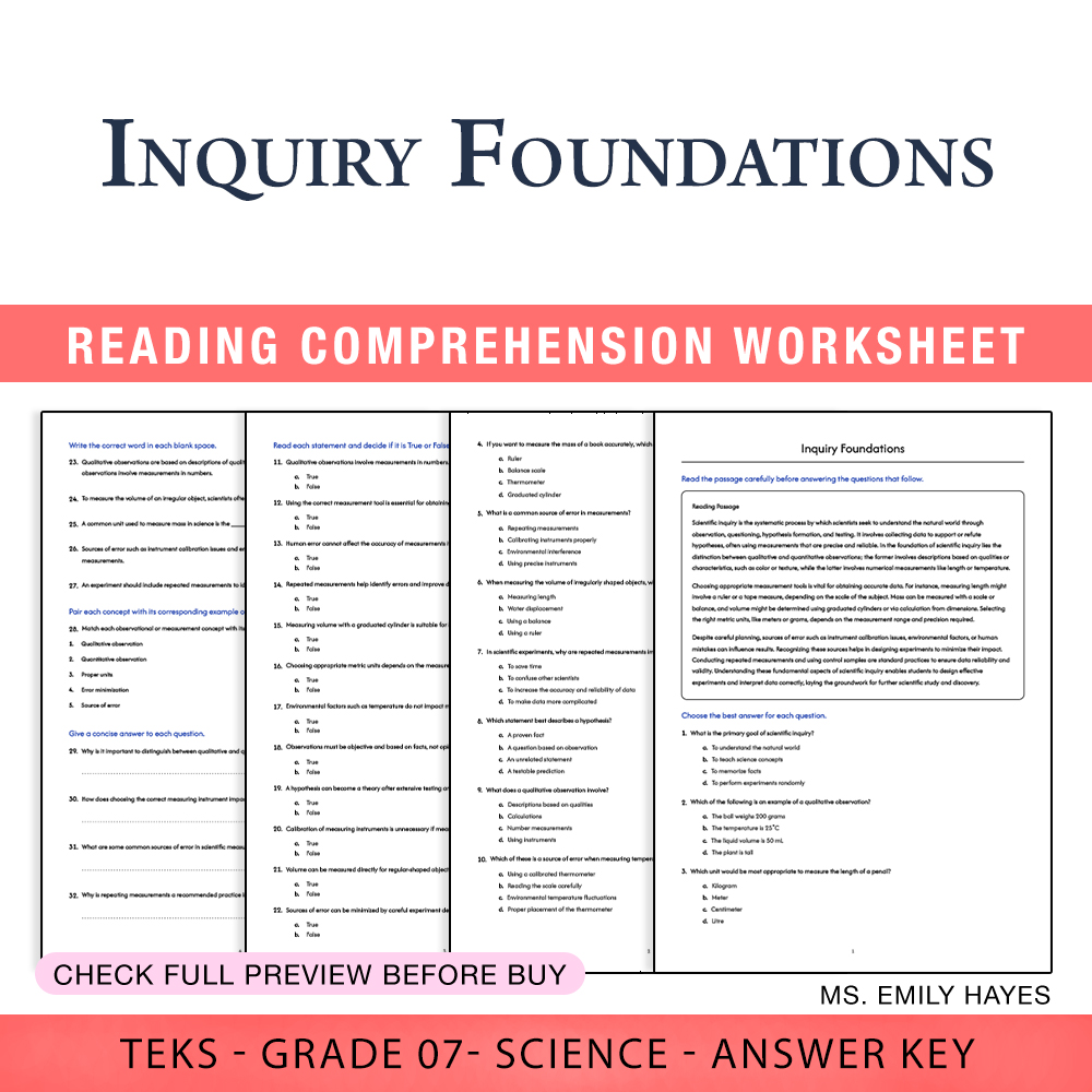 Grade 7 Science worksheet worksheet — 7th Grade Science | Inquiry Foundations Worksheet (PDF+ Answer Key) — page 1