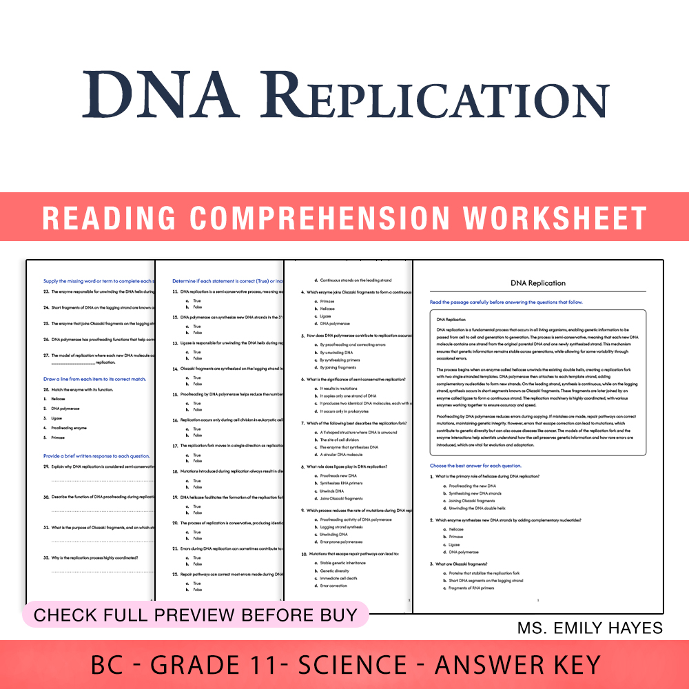 Grade 11 Science worksheet worksheet — 11th Grade Science | DNA Replication Worksheet (PDF + Answer Key) — page 1