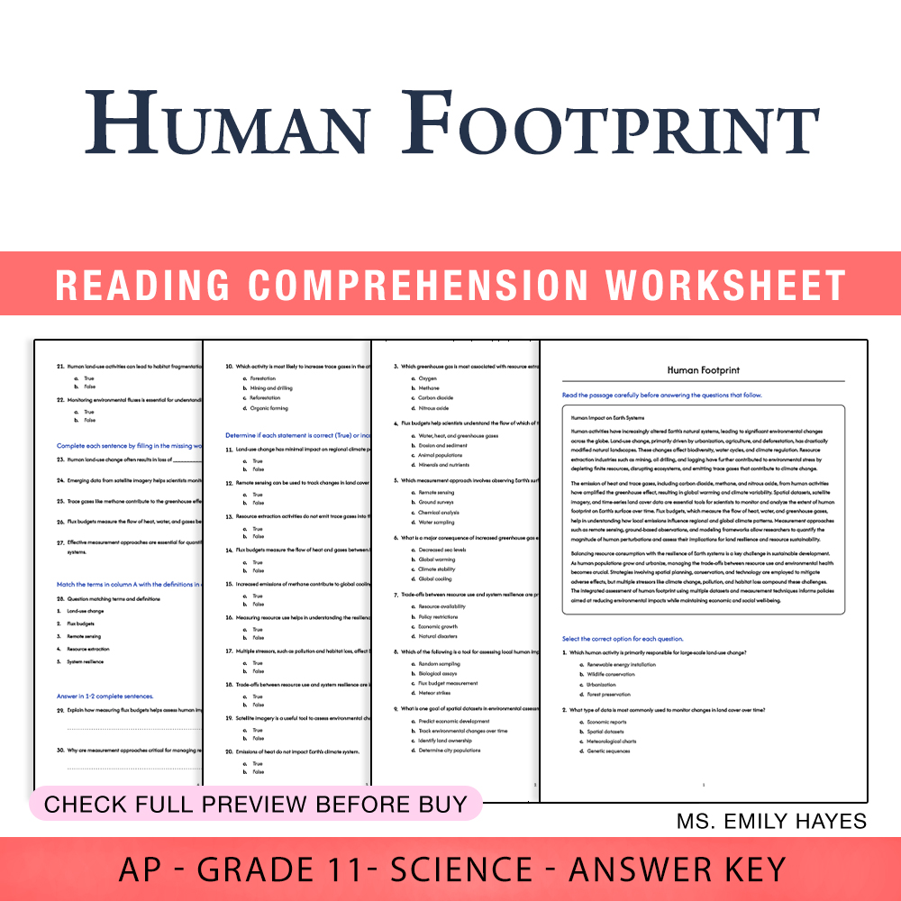 Grade 11 Science worksheet worksheet — 11th Grade Science | Human Footprint Worksheet (PDF+ Answer Key) — page 1