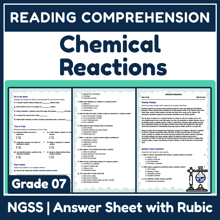 Science reading worksheets worksheet — Grade 7 Science | Chemical Reactions Worksheet (NGSS Aligned + Answer Key) — page 1
