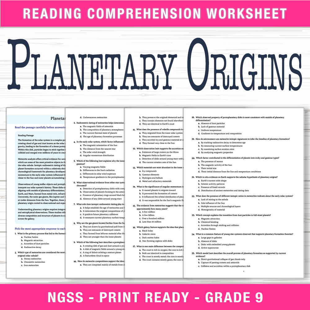 Grade 9 Science worksheet worksheet — Grade 9 Science | Planetary Origins Worksheet (PDF + Answer Key) — page 1