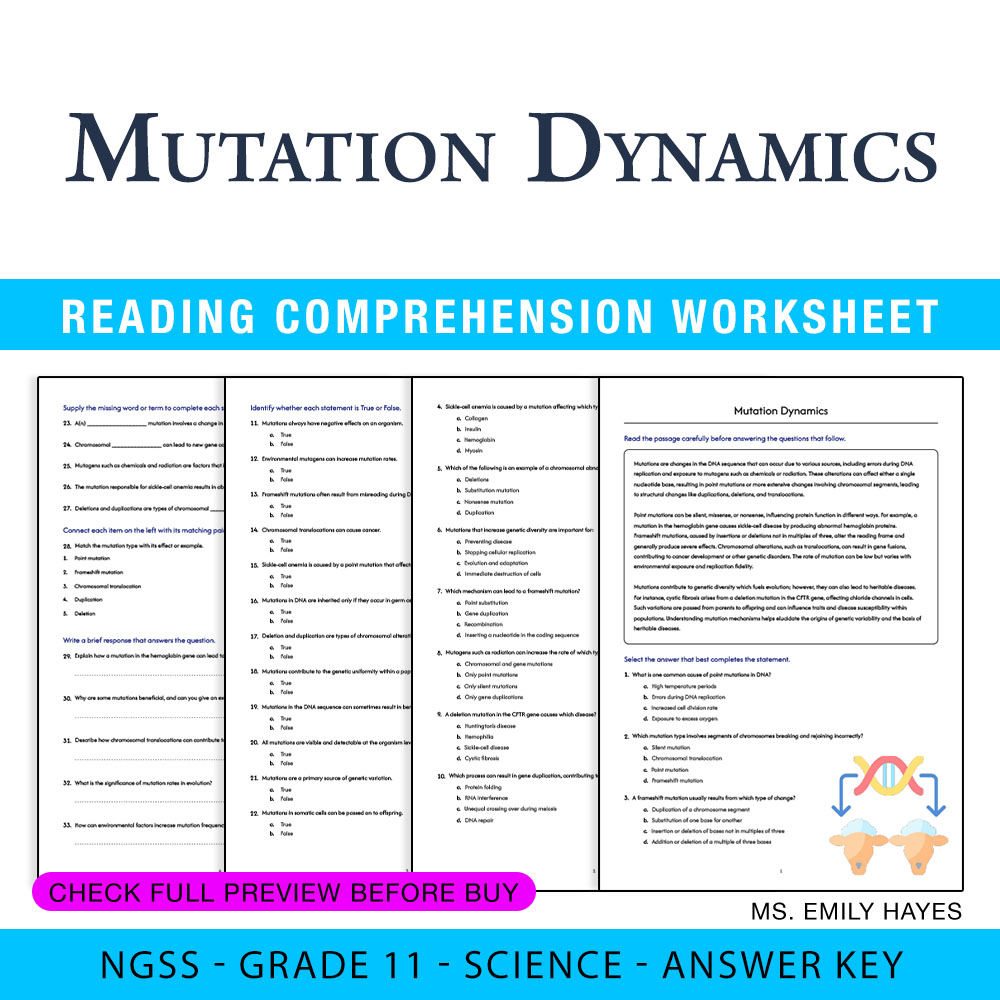 Grade 11 Science worksheet worksheet — 11th Grade Science | Mutation Dynamics Worksheet (PDF+ Answer Key) — page 1