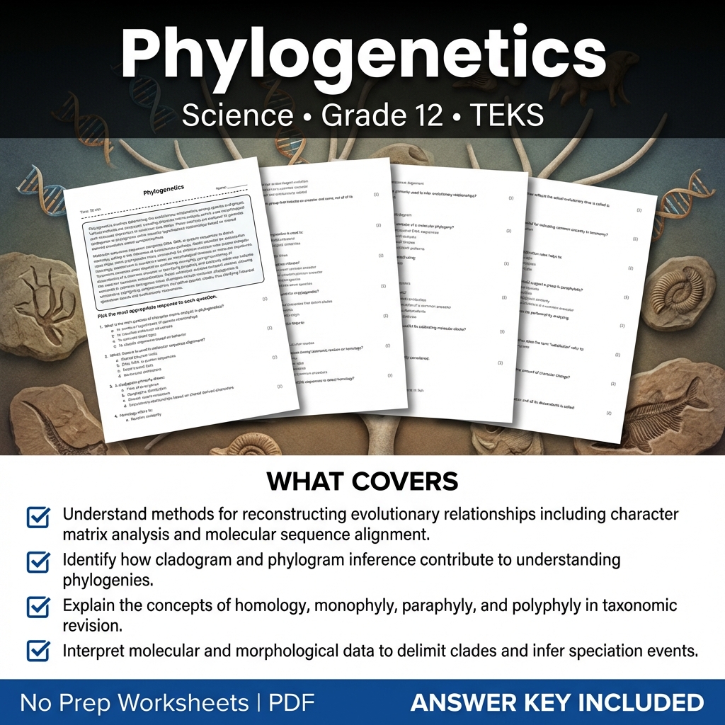 Grade 12 Science Worksheet on Phylogenetics | TEKS-Aligned Practice