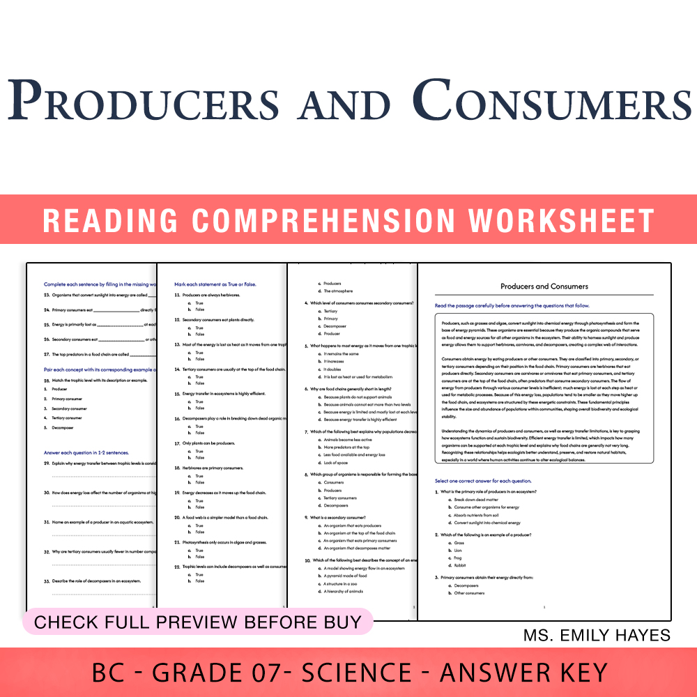 Grade 7 Science worksheet worksheet — 7th Grade Science | Producers and Consumers Worksheet (PDF+ Answer Key) — page 1
