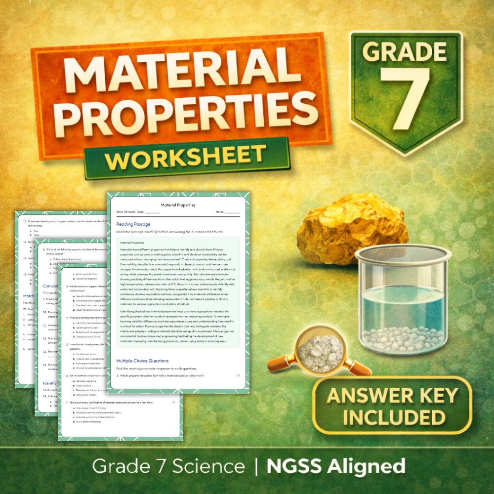 7th Grade Science | Material Properties Worksheet (NGSS & Answer Key) 
