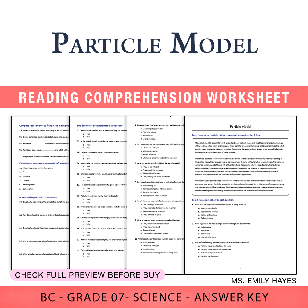 Grade 7 Science worksheet worksheet — Grade 7 Science | Particle Model Worksheet (PDF+ Answer Key) — page 1