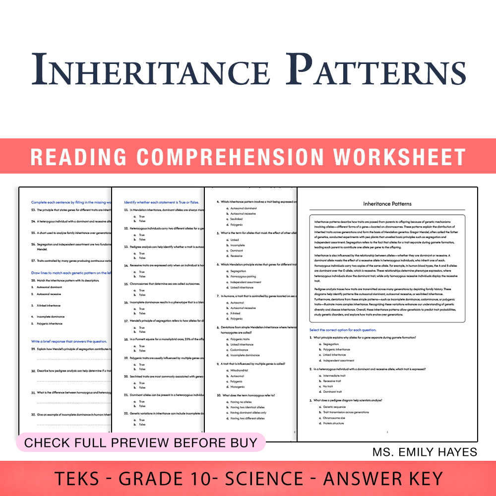 Grade 10 Science worksheet worksheet — 10th Grade Science | Inheritance Patterns Worksheet (PDF+ Answer Key) — page 1