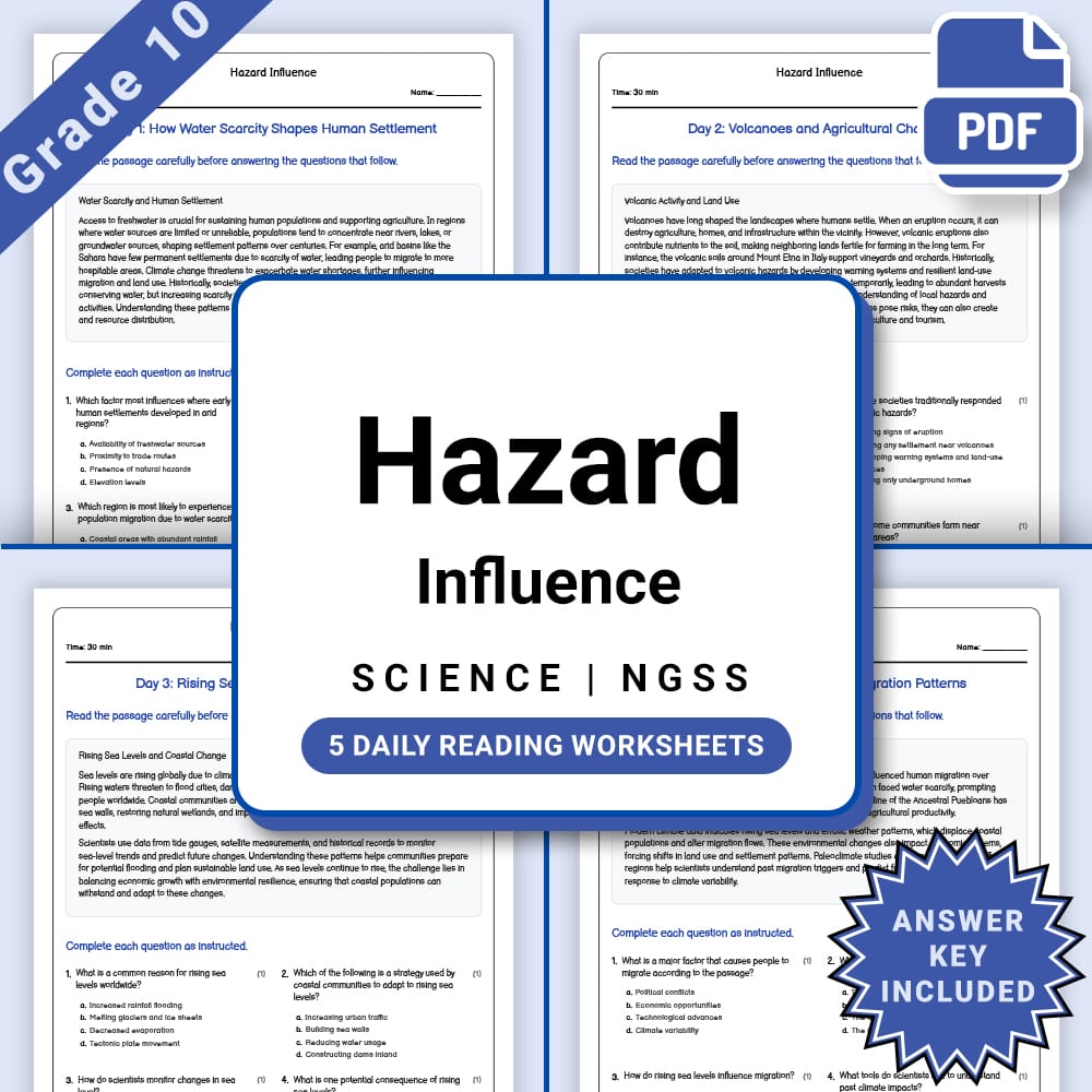 Grade 10 Science daily reading worksheet worksheet — Grade 10 Science – Hazard Influence Worksheet (PDF +Answer Key) — page 1