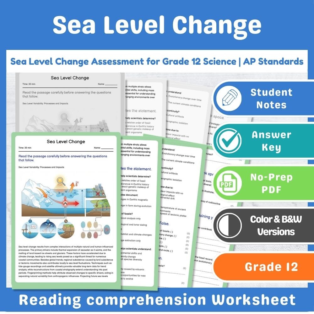 Grade 12 Science assessment worksheet — Sea Level Change Assessment for Grade 12 Science | AP Standards — page 1