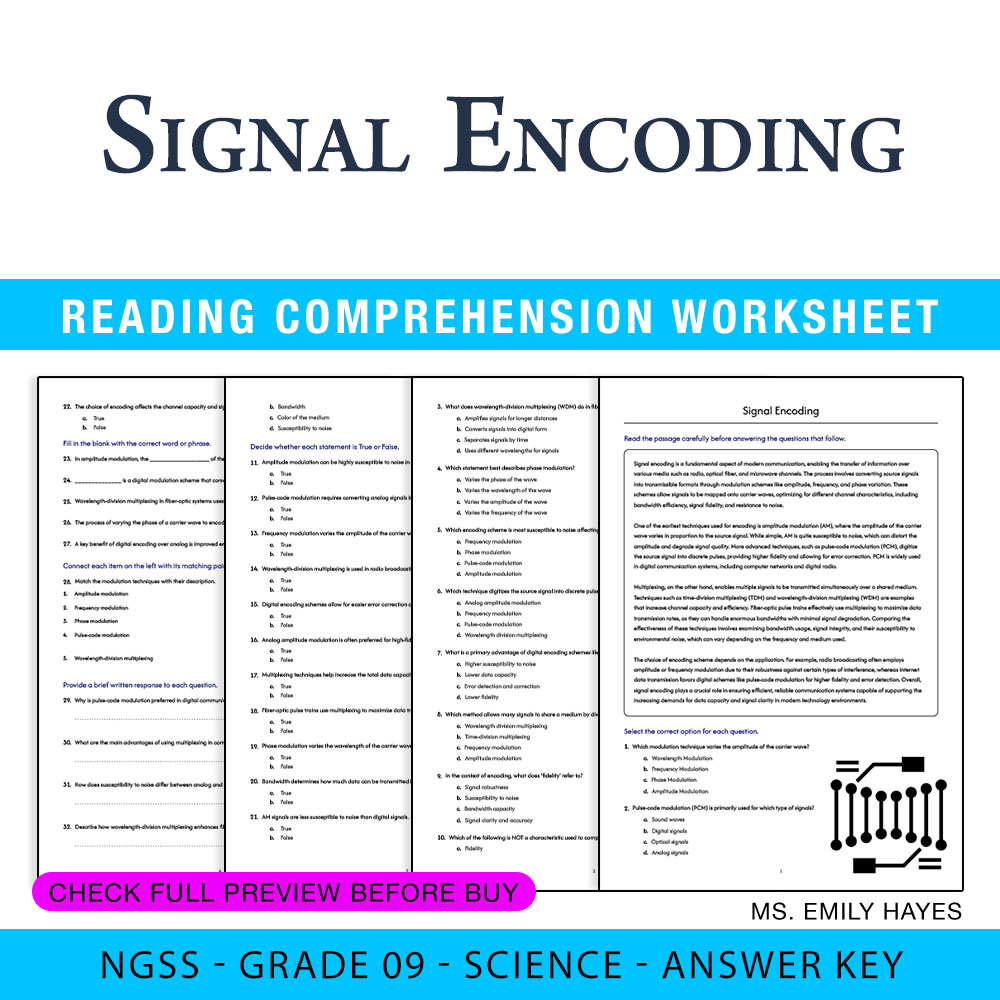 Grade 9 Science worksheet worksheet — Grade 9 Science | Signal Encoding Worksheet (PDF+ Answer Key) — page 1