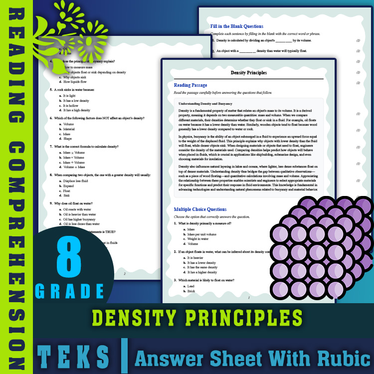 Grade 8 Science reading worksheets worksheet — Grade 8 Science | Density Principles Reading Worksheet (PDF + Rubric) — page 1