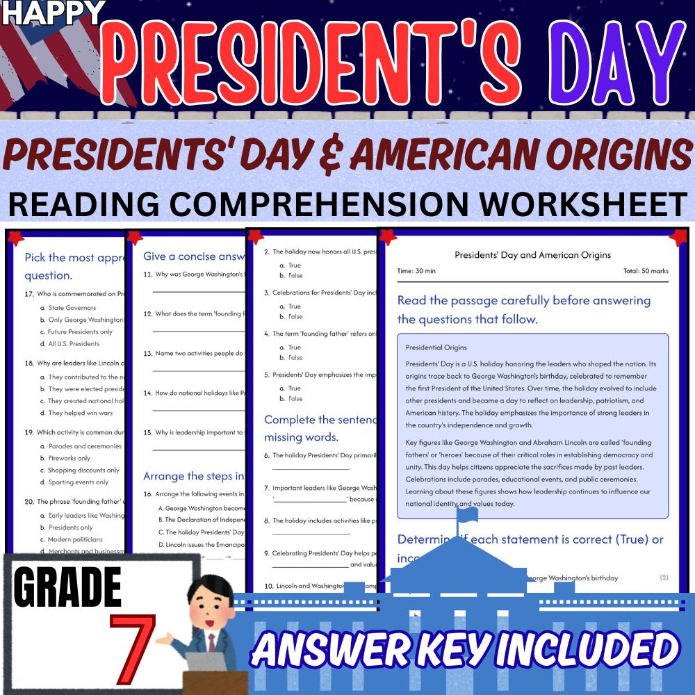 Grade 7 Seasonal presidents day worksheet — Grade 7 |  Presidents' Day and American Origins Worksheet| PDF + Answer Key —…