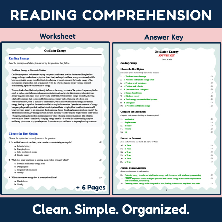 Grade 12 Science reading worksheets worksheet — Grade 12 Science | Oscillator Energy Reading Worksheet & Answer Key (PDF)…