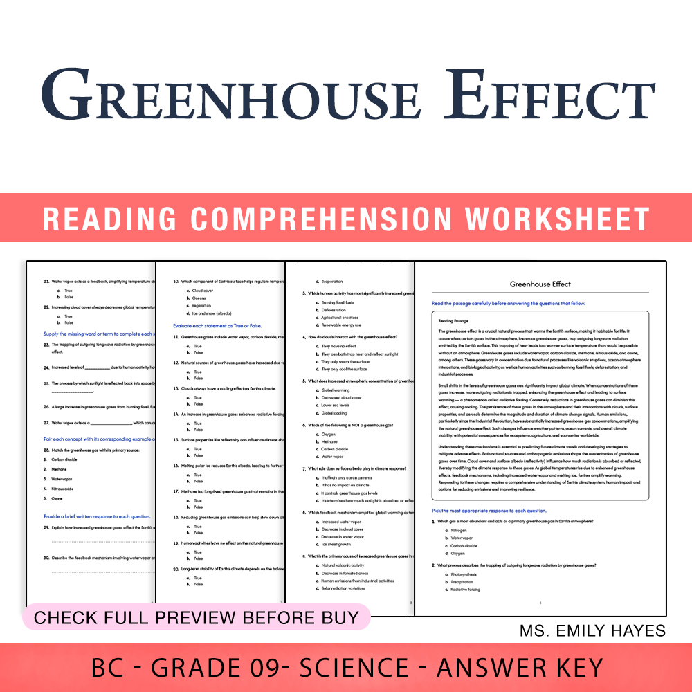 Grade 9 Science worksheet worksheet — Grade 9 Science | Greenhouse Effect Worksheet (PDF+ Answer Key) — page 1