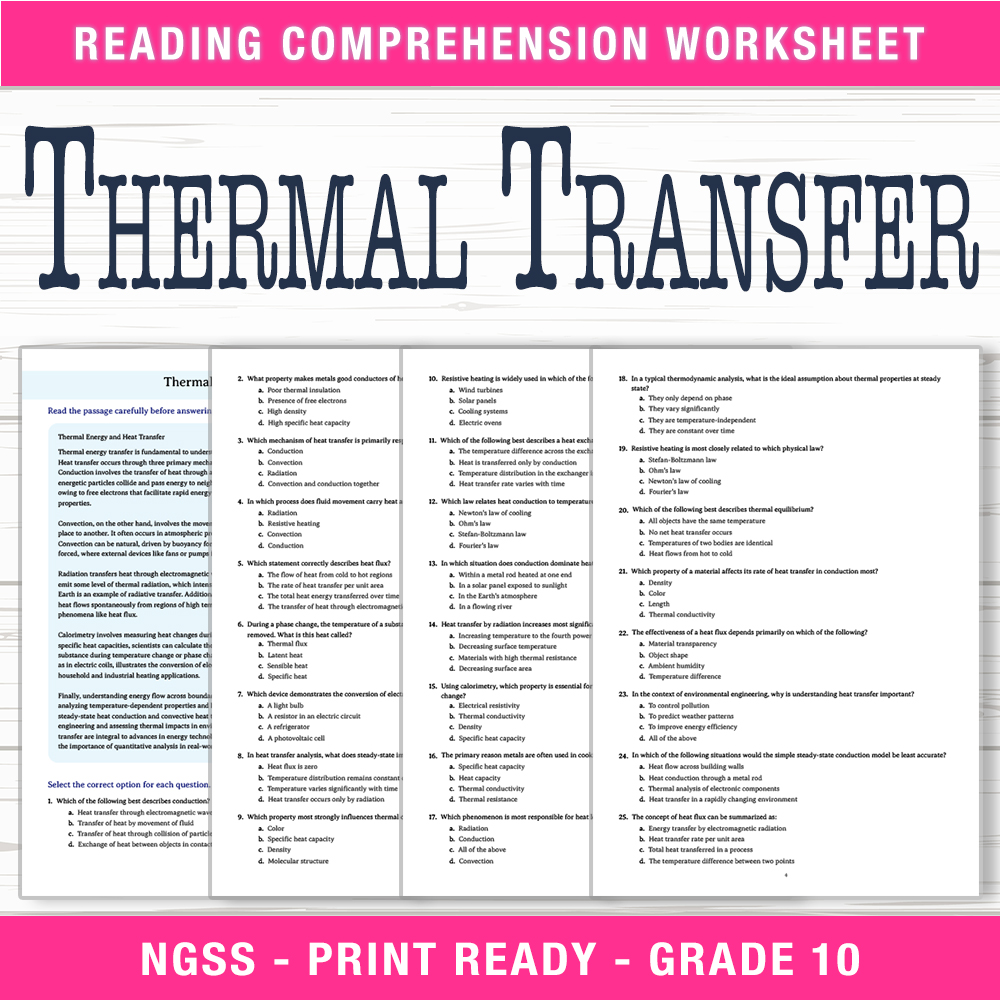 Grade 10 Science worksheet worksheet — Grade 10 Science | Thermal Transfer Worksheet (PDF + Answer Key) — page 1