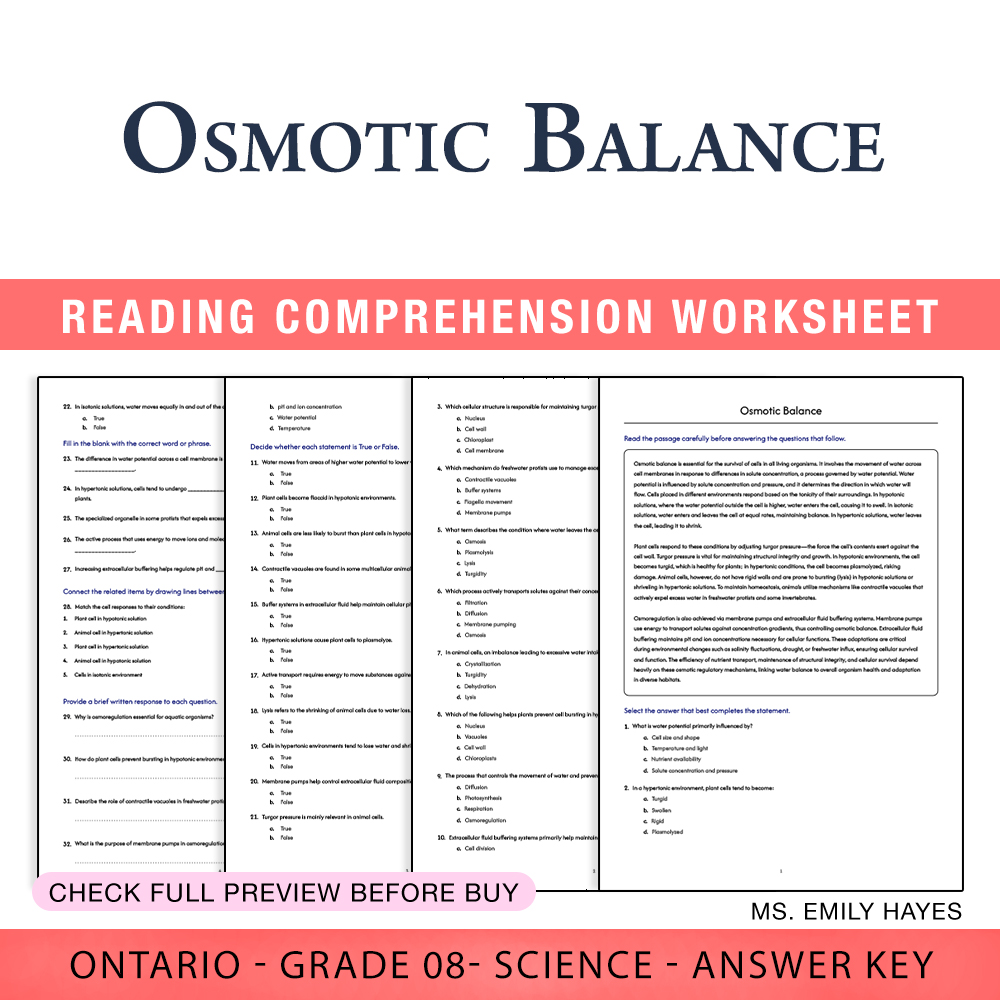 Grade 8 Science worksheet worksheet — 8th Grade Science | Osmotic Balance Worksheet (PDF+ Answer Key) — page 1