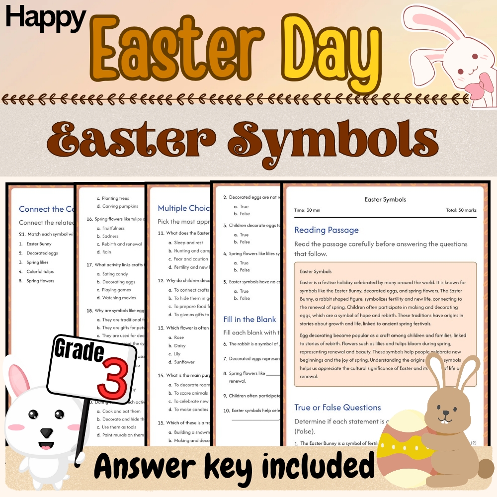 Grade 3 Seasonal | Easter Symbols Worksheet for Holiday Symbols | PDF+Answer Key