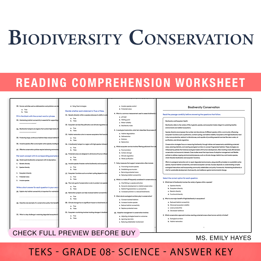 Grade 8 Science worksheet worksheet — 8th Grade Science | Biodiversity Conservation Worksheet (PDF+ Answer Key) — page 1