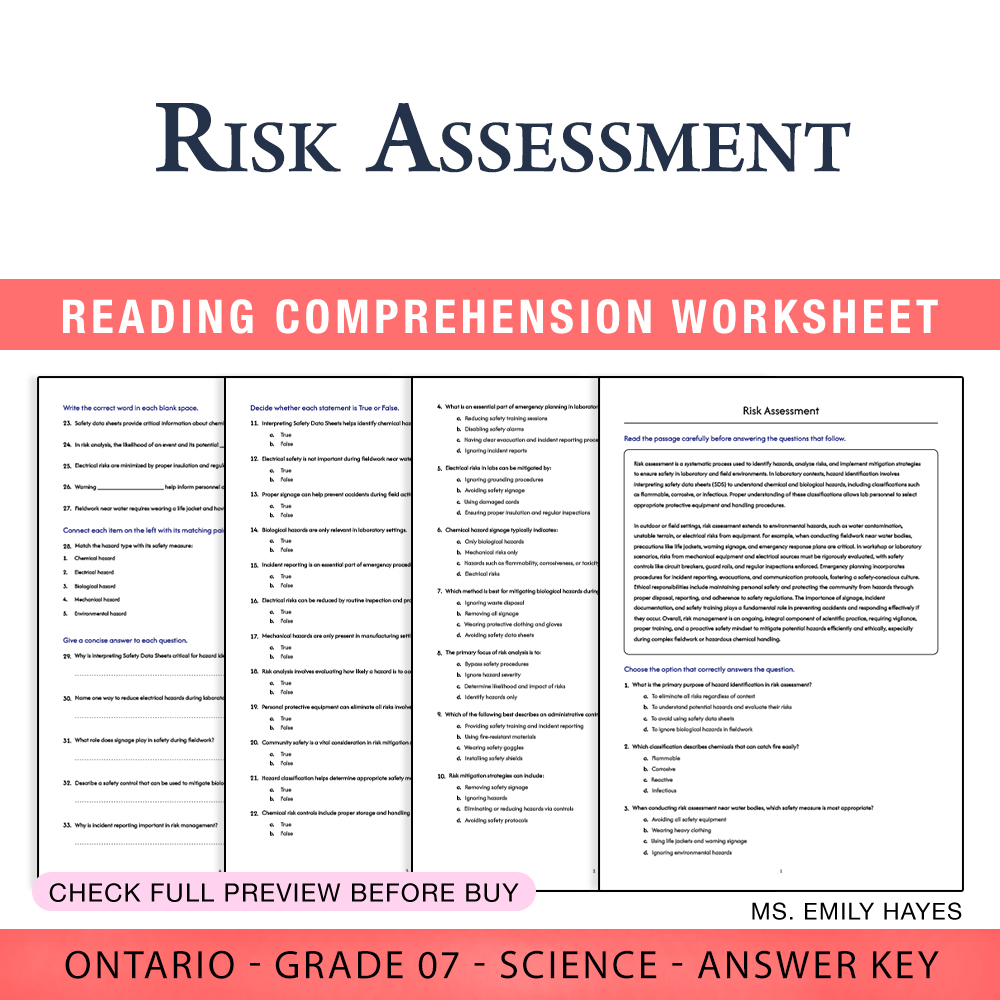 Grade 7 Science worksheet worksheet — 7th Grade Science | Risk Assessment Worksheet (PDF+ Answer Key) — page 1