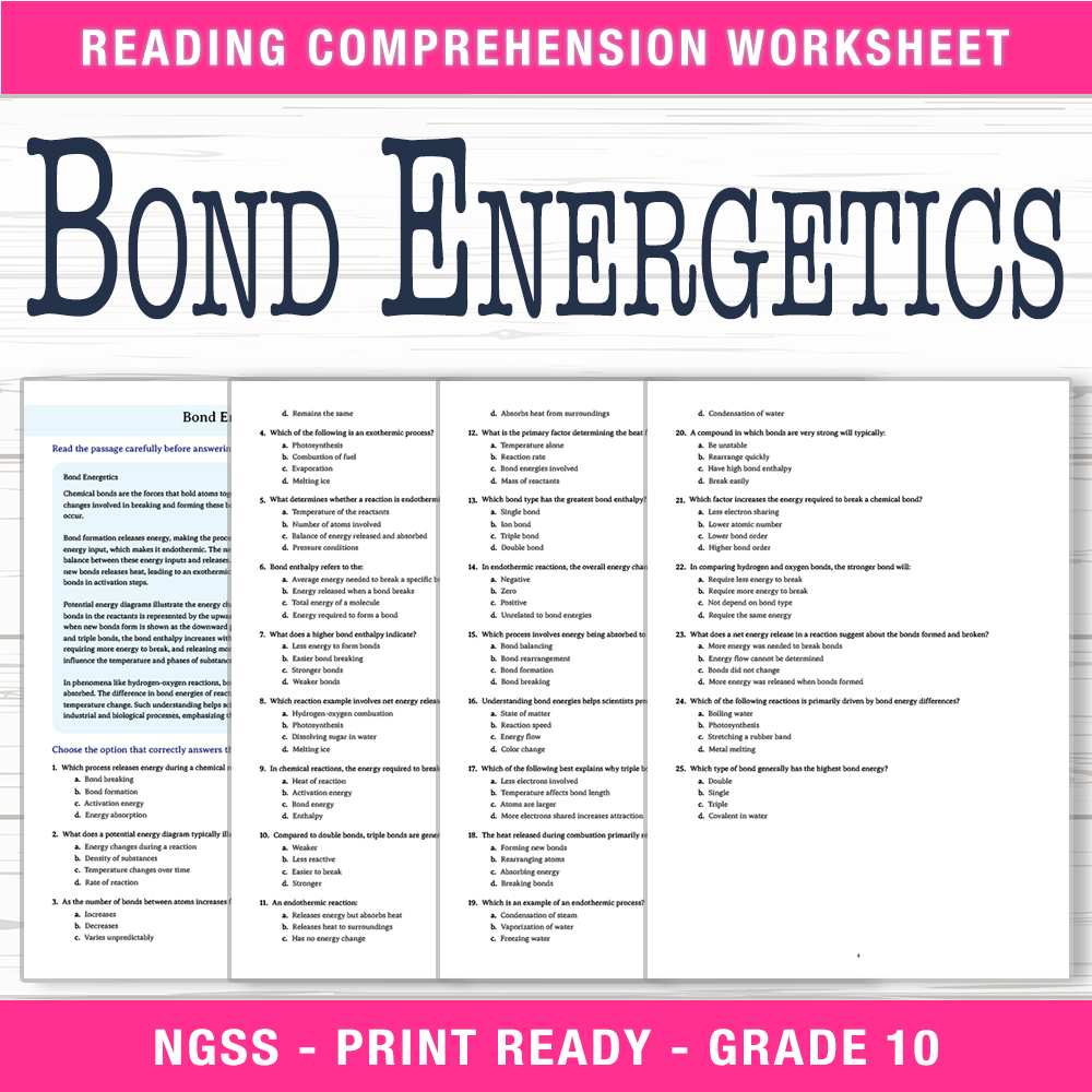 Grade 10 Science worksheet worksheet — Grade 10 Science | Bond Energetics Worksheet (PDF + Answer Key) — page 1