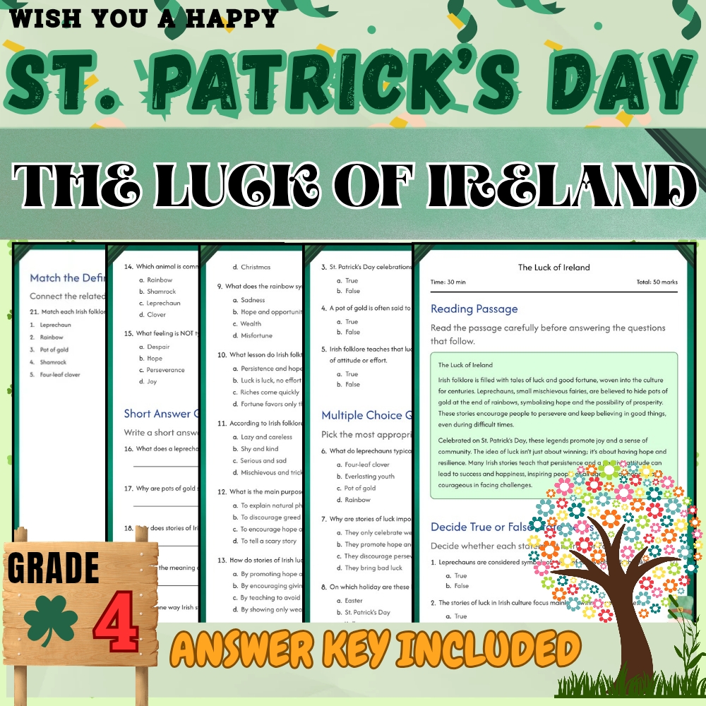 Grade 4 Seasonal – St. Patrick's Day Worksheets Pack for Irish Culture & Symbols — included worksheet 1