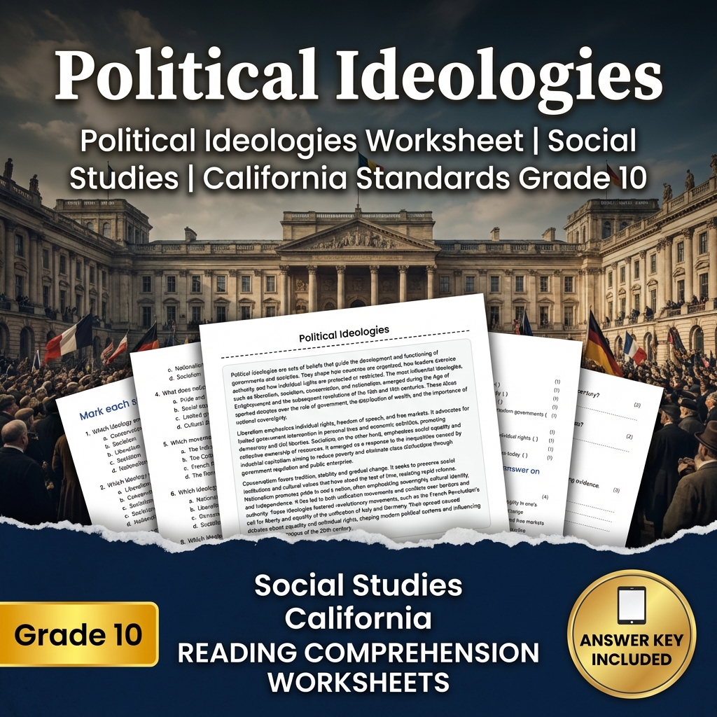 Political Ideologies Worksheet | Social Studies | California Standards Grade 10